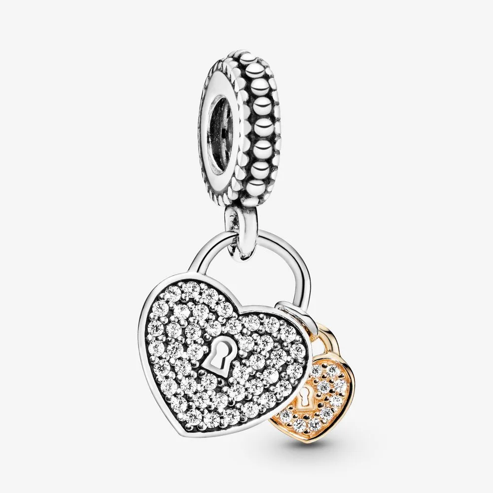 Pav&eacute; Heart Padlocks Dangle Charm