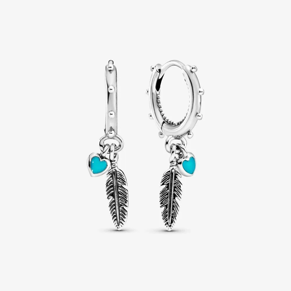 Turquoise Hearts & Feather Hoop Earrings
