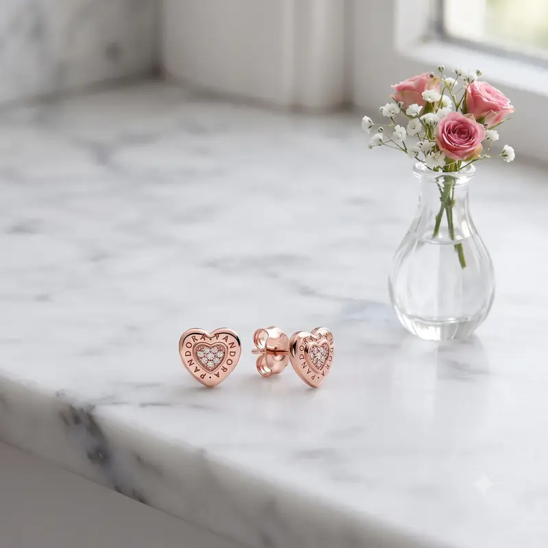 PANDORA Signature Heart Stud Earrings, PANDORA Rose™ & Clear CZ photo review